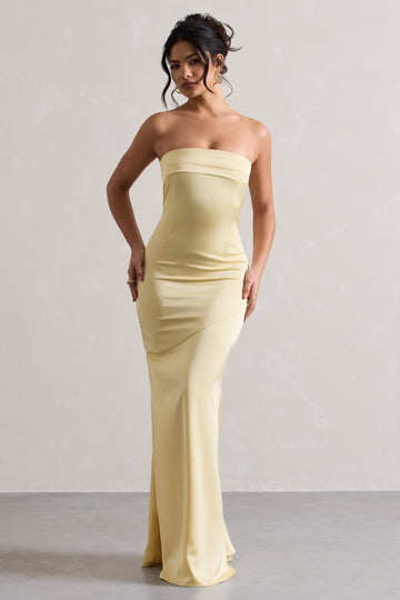 Colada Lemon Satin Pleated Bandeau Maxi Dress